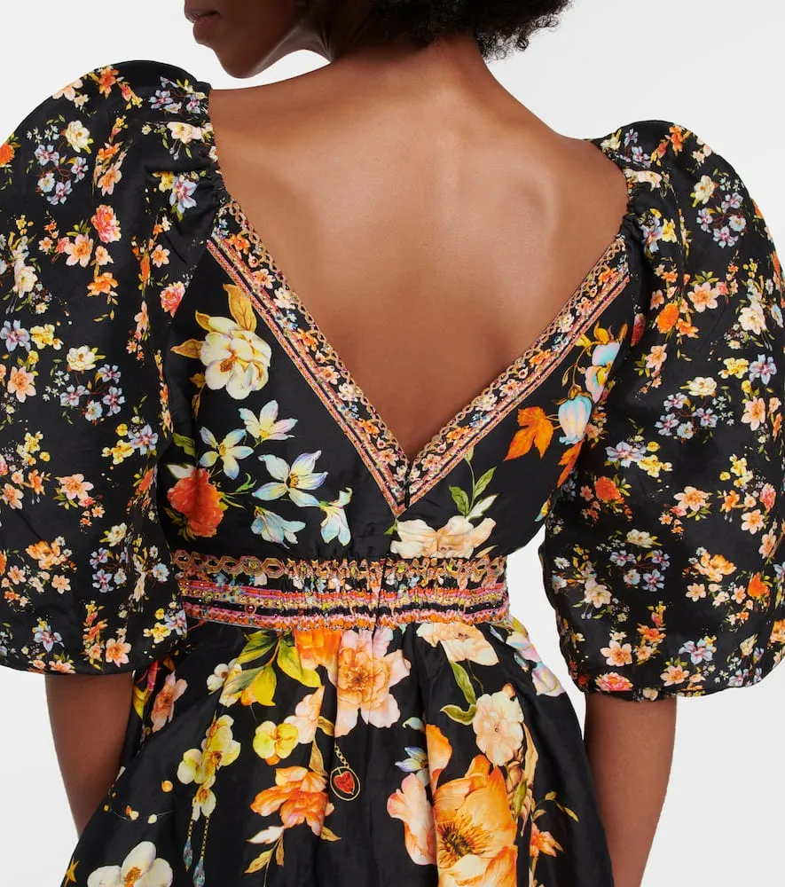 Camilla Puff-sleeve embellished silk minidress