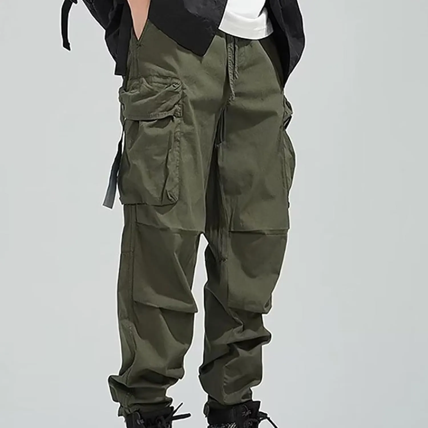 Cargo Pants for Men Rope Loosening Waist Solid Color with Pocket Loose Sports Casual Sweatpants Cargo Trousers