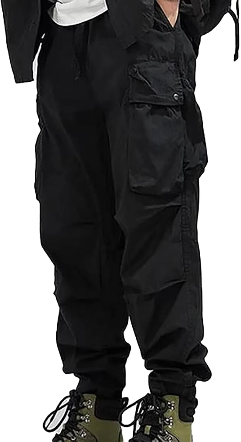 Cargo Pants for Men Rope Loosening Waist Solid Color with Pocket Loose Sports Casual Sweatpants Cargo Trousers