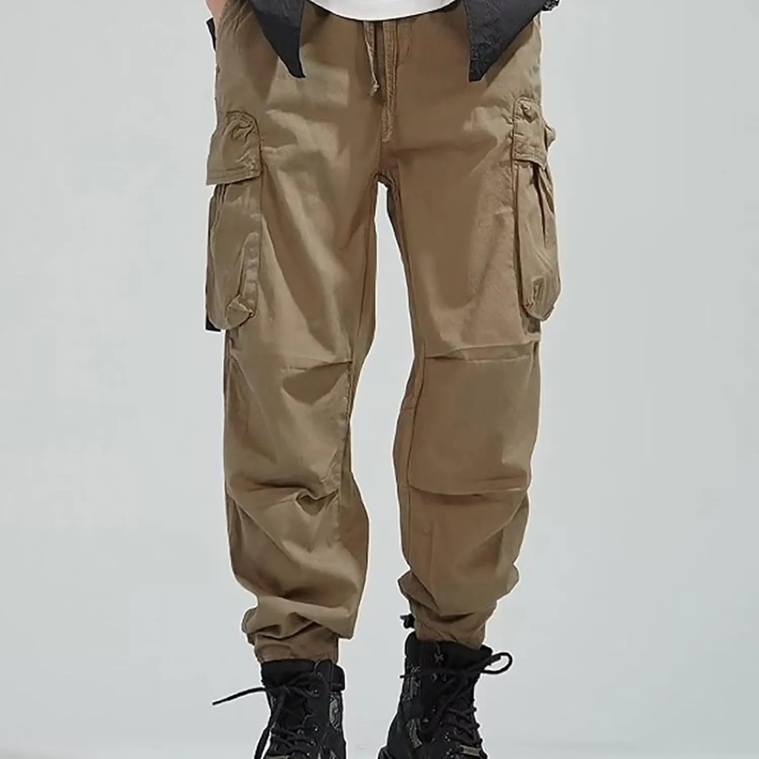 Cargo Pants for Men Rope Loosening Waist Solid Color with Pocket Loose Sports Casual Sweatpants Cargo Trousers