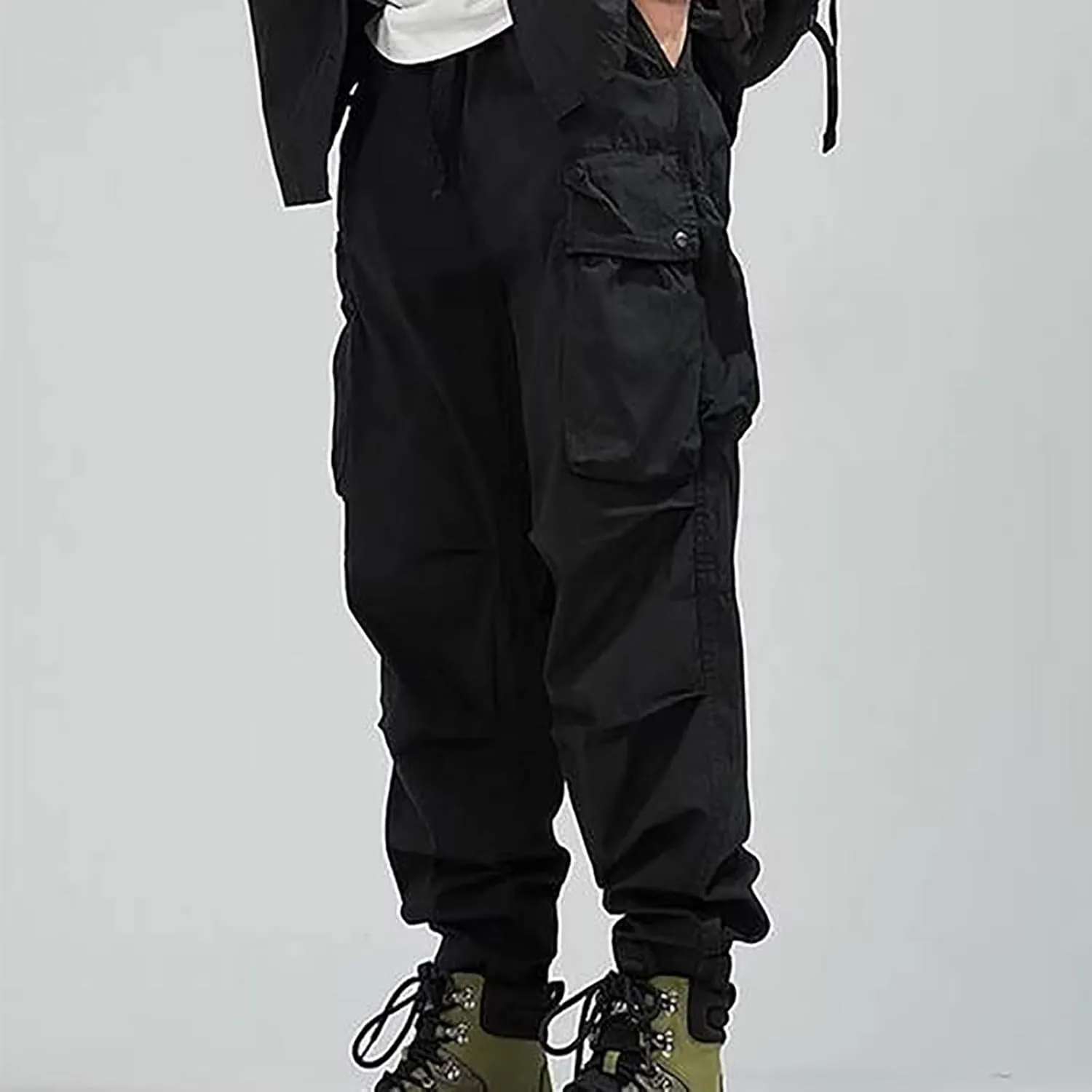 Cargo Pants for Men Rope Loosening Waist Solid Color with Pocket Loose Sports Casual Sweatpants Cargo Trousers