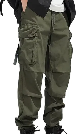 Cargo Pants for Men Rope Loosening Waist Solid Color with Pocket Loose Sports Casual Sweatpants Cargo Trousers