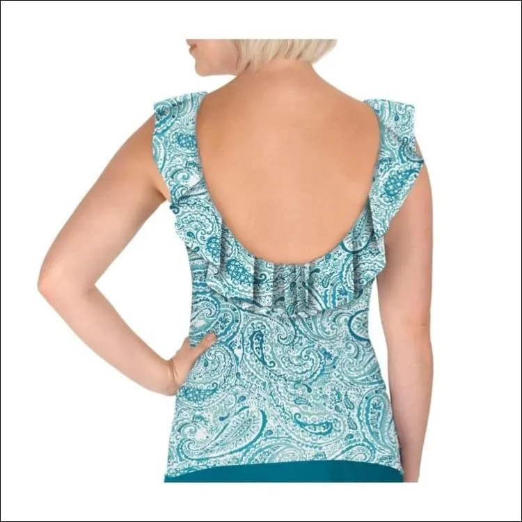 Carole Hochman Women’s Ruffle Plunge Tankini Swimsuit Top Black and Teal Water Paisley