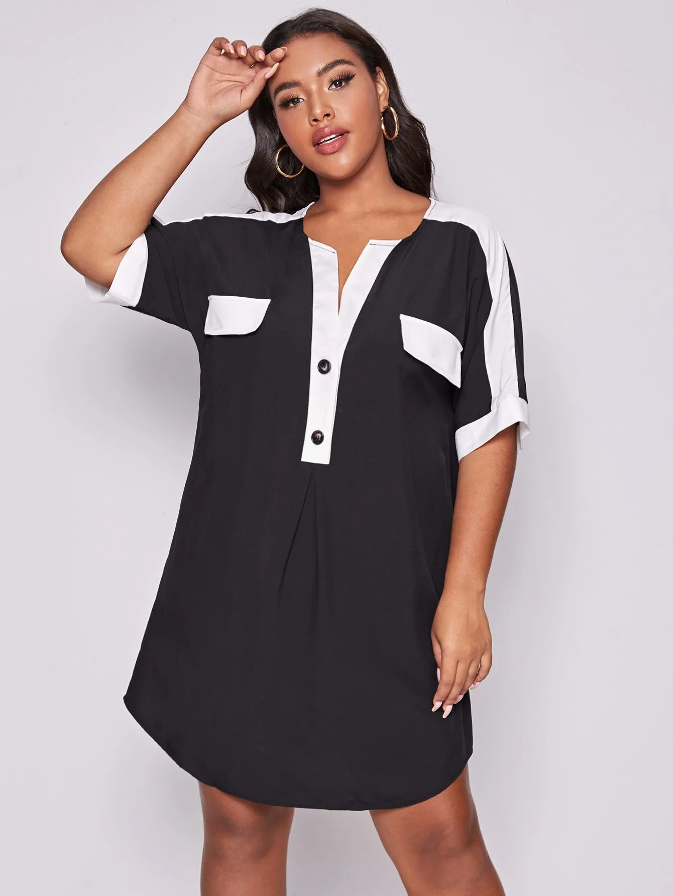 Casual Colorblock Button Front Half Sleeve Notched Straight Natural Short Plus Size Dress