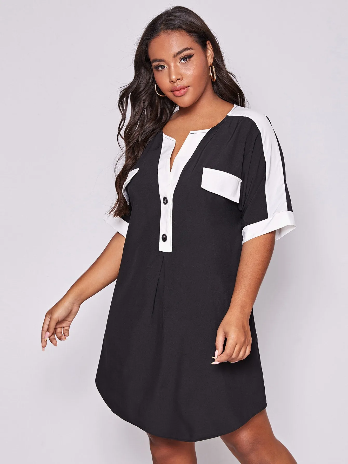 Casual Colorblock Button Front Half Sleeve Notched Straight Natural Short Plus Size Dress