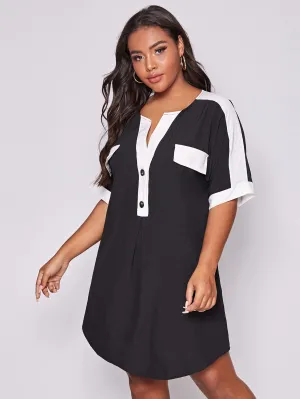 Casual Colorblock Button Front Half Sleeve Notched Straight Natural Short Plus Size Dress