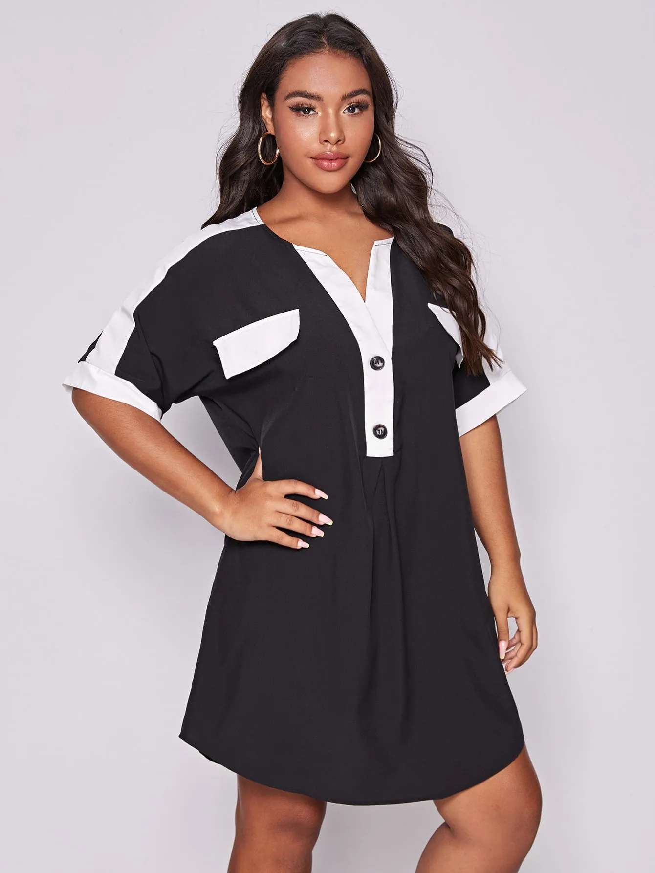 Casual Colorblock Button Front Half Sleeve Notched Straight Natural Short Plus Size Dress