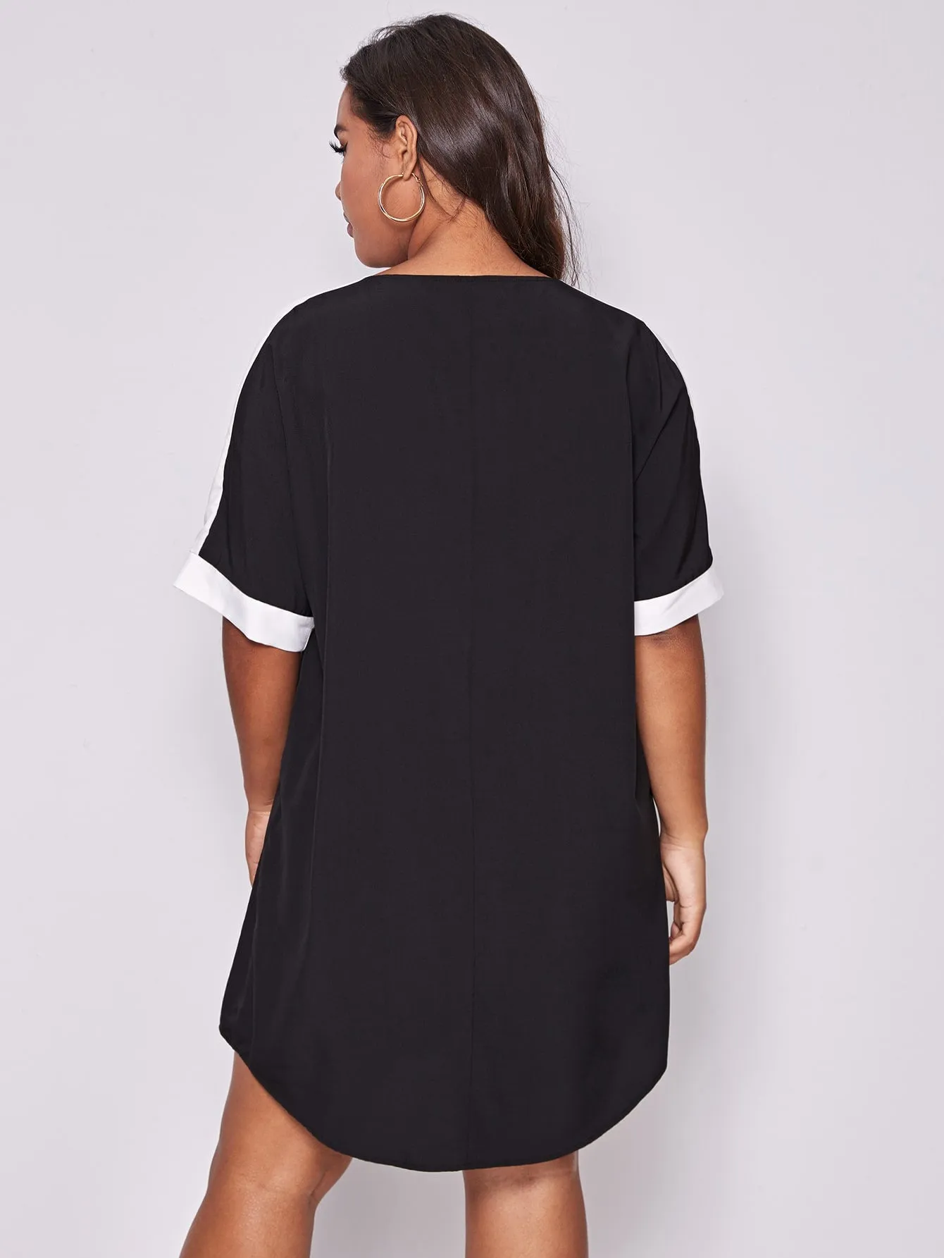 Casual Colorblock Button Front Half Sleeve Notched Straight Natural Short Plus Size Dress