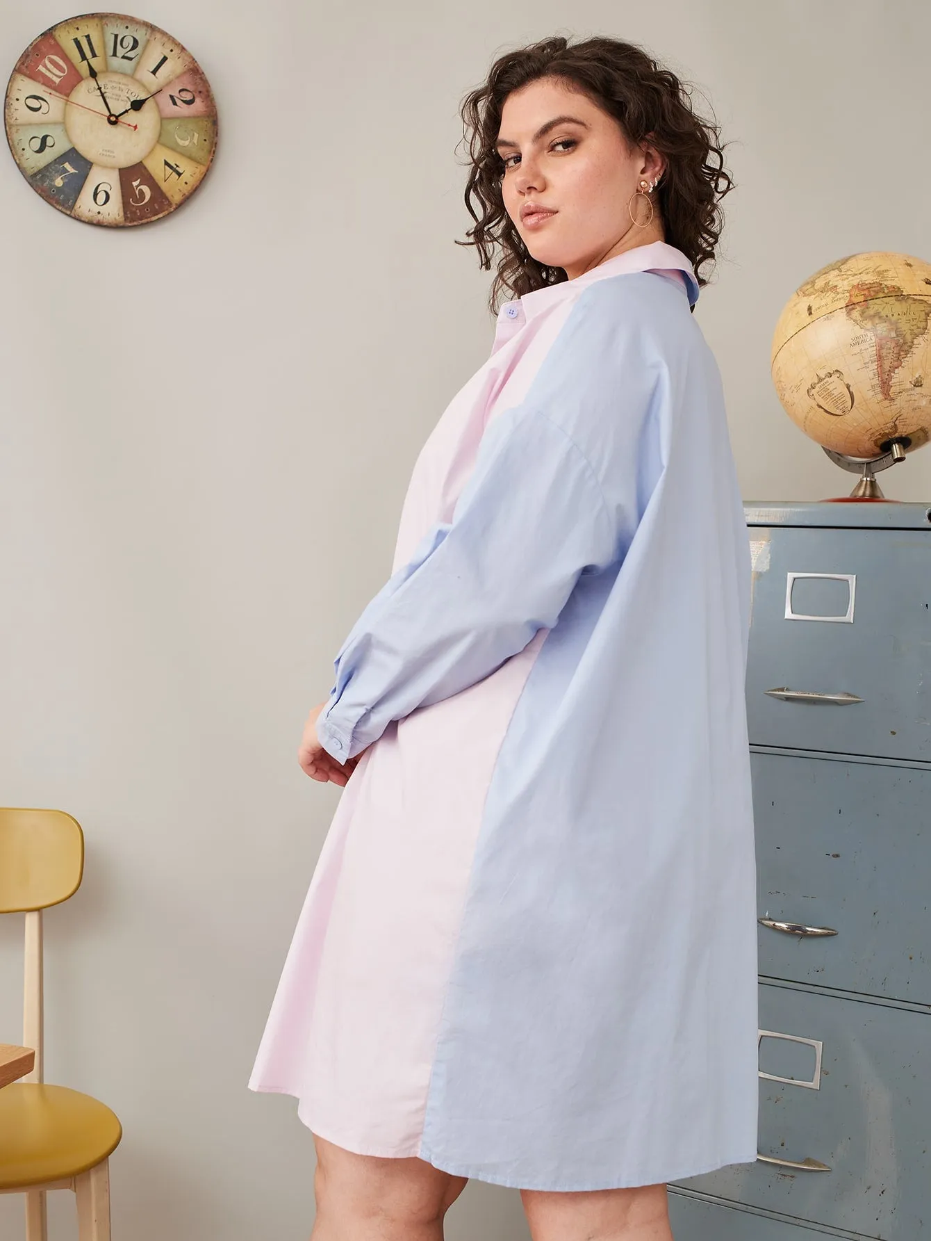 Casual Colorblock Pocket Long Sleeve Collar Straight Natural Short Plus Size Dress