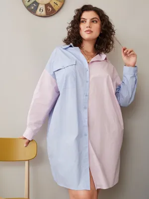 Casual Colorblock Pocket Long Sleeve Collar Straight Natural Short Plus Size Dress
