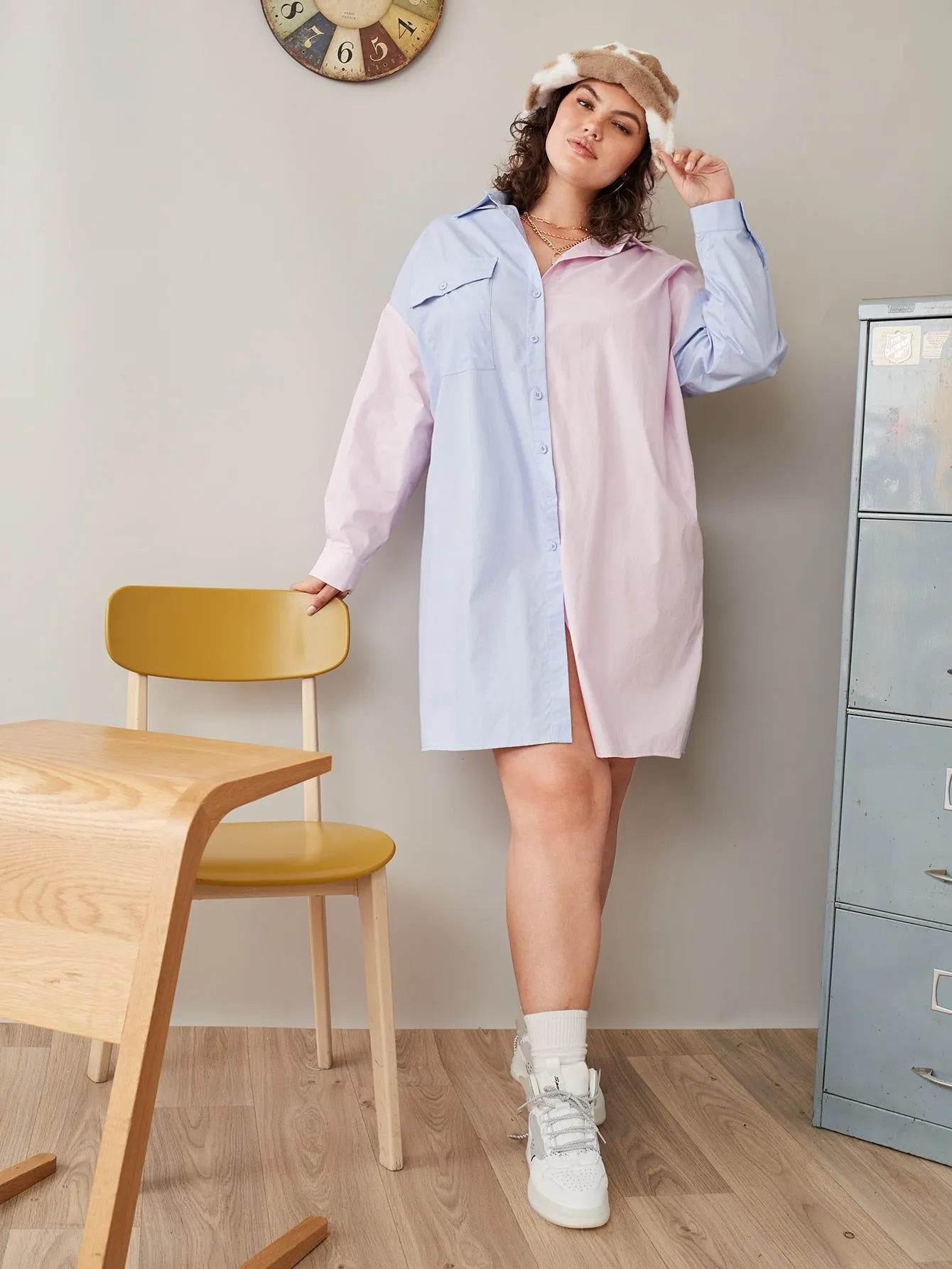 Casual Colorblock Pocket Long Sleeve Collar Straight Natural Short Plus Size Dress