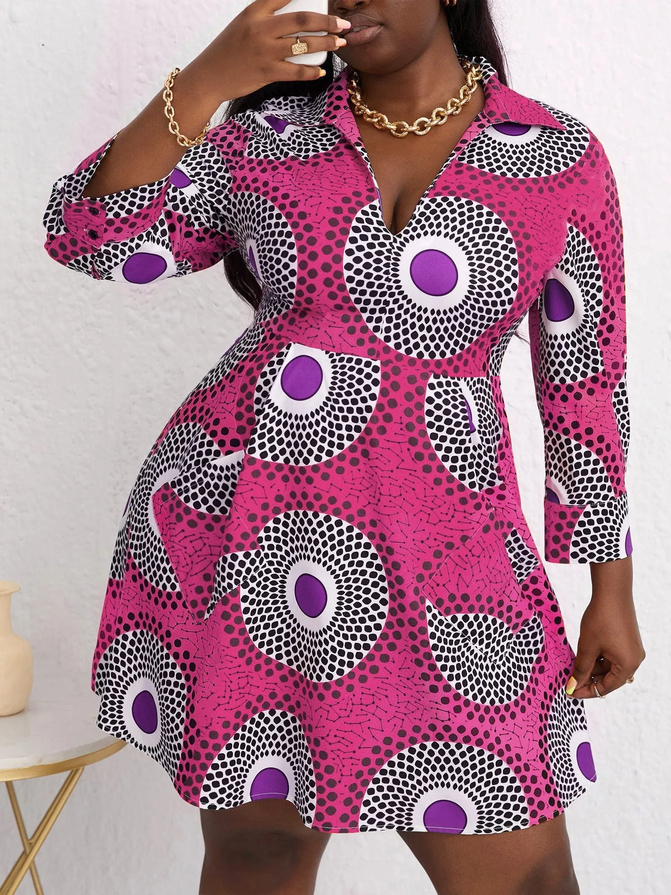 Casual Geometric Long Sleeve Collar Straight High Waist Short Plus Size Dress