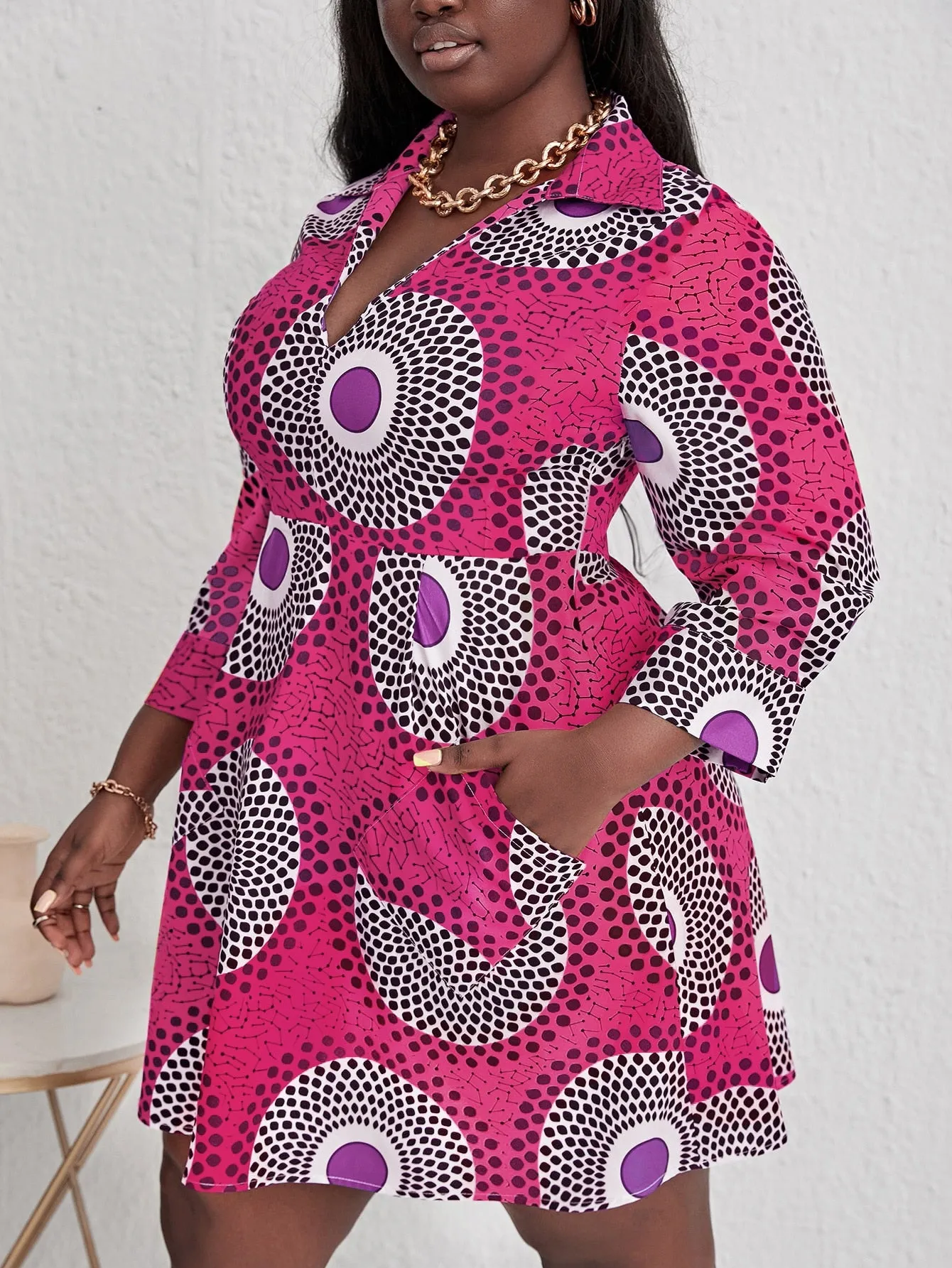 Casual Geometric Long Sleeve Collar Straight High Waist Short Plus Size Dress