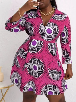 Casual Geometric Long Sleeve Collar Straight High Waist Short Plus Size Dress