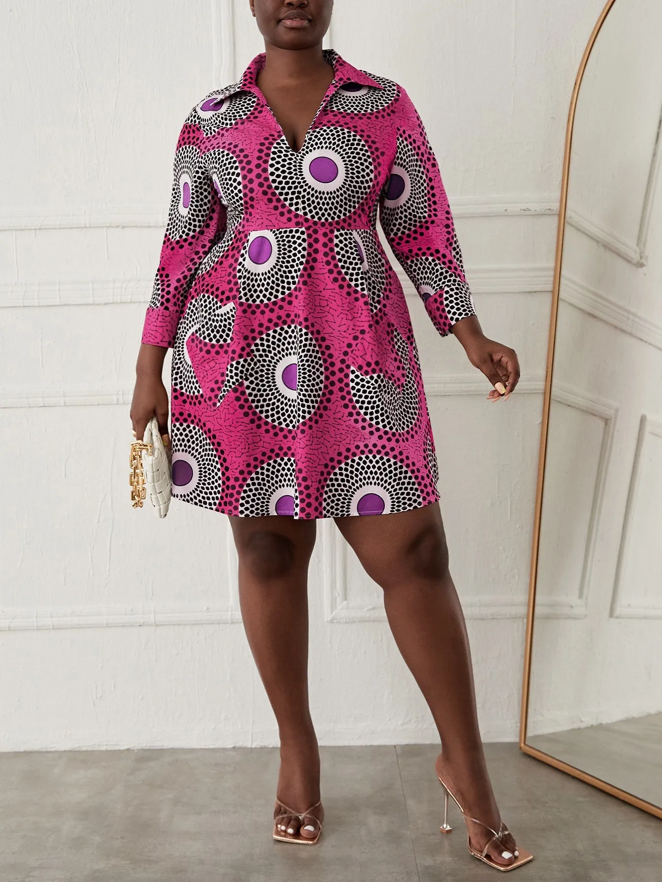 Casual Geometric Long Sleeve Collar Straight High Waist Short Plus Size Dress
