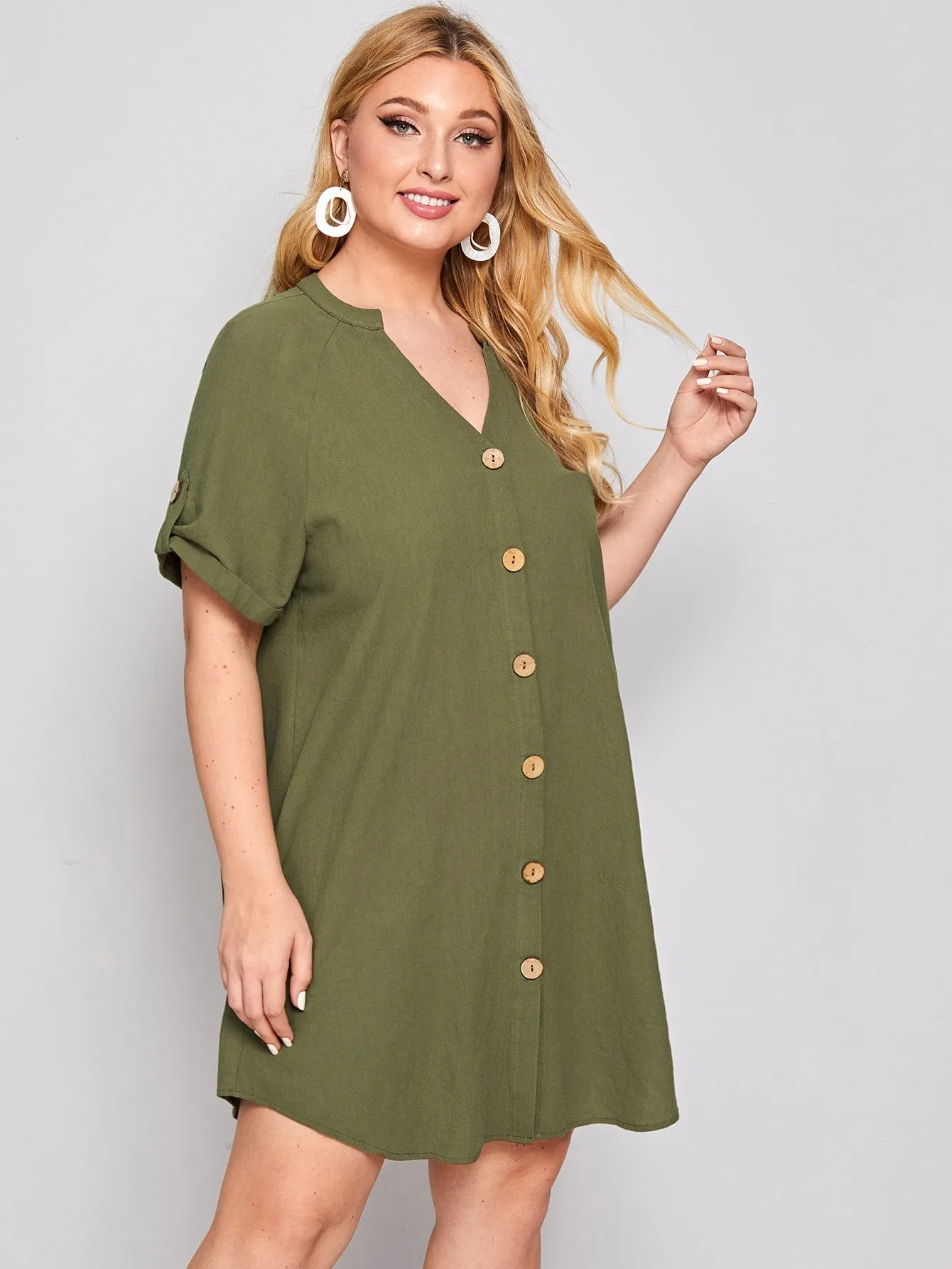 Casual Plain Button Front Short Sleeve Notched Straight Natural Short Plus Size Dress