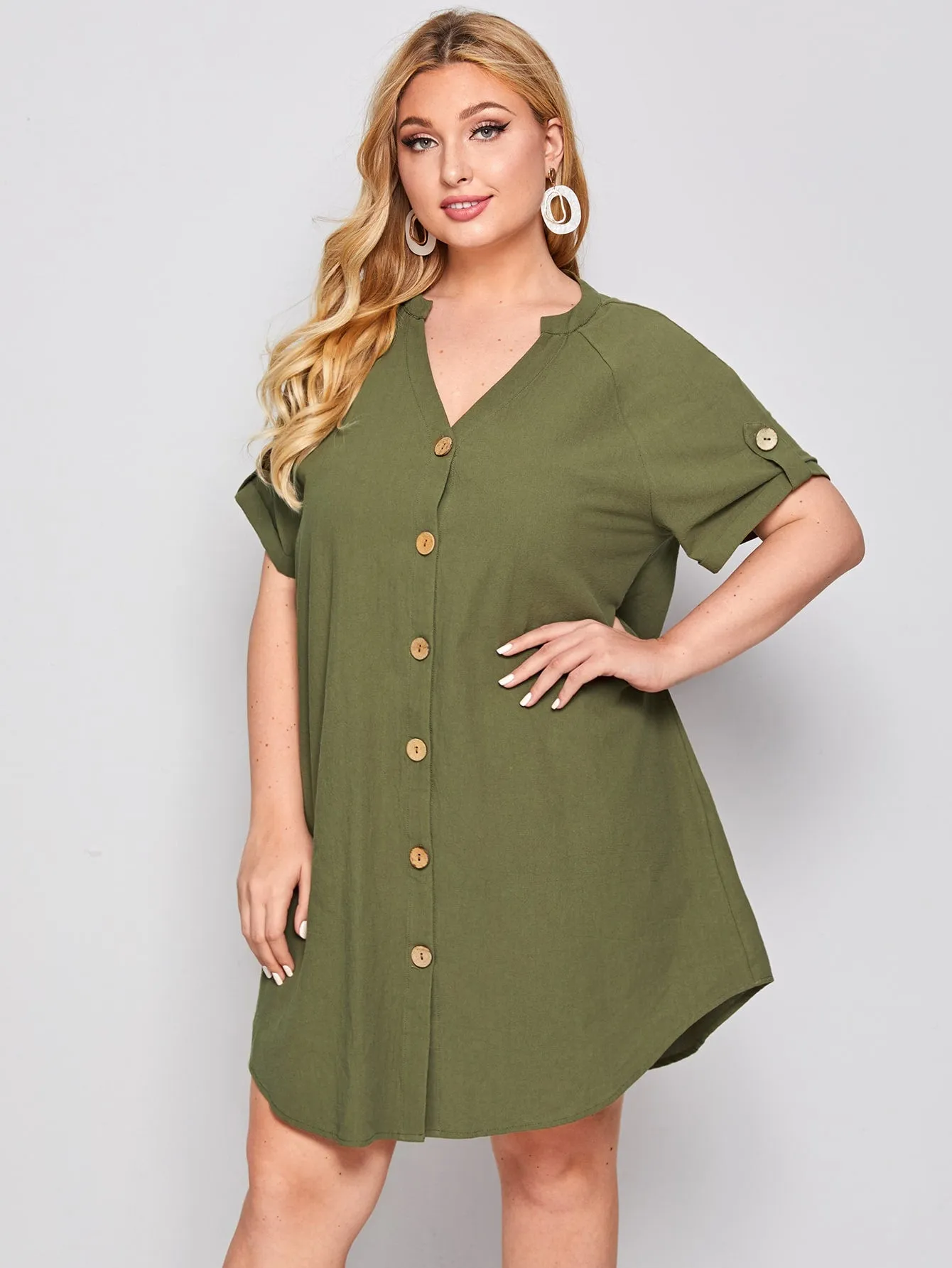 Casual Plain Button Front Short Sleeve Notched Straight Natural Short Plus Size Dress