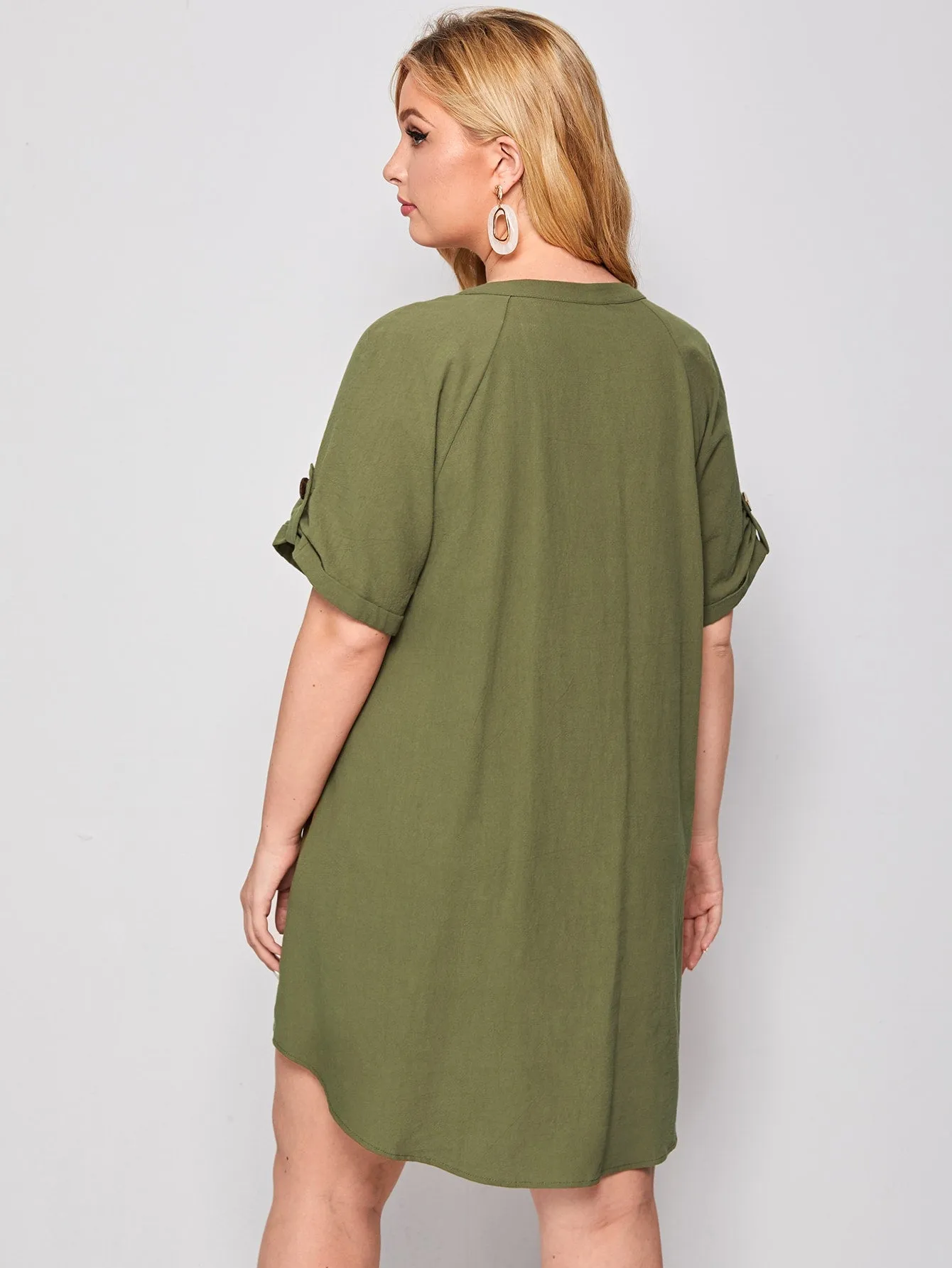 Casual Plain Button Front Short Sleeve Notched Straight Natural Short Plus Size Dress