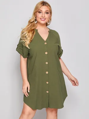 Casual Plain Button Front Short Sleeve Notched Straight Natural Short Plus Size Dress