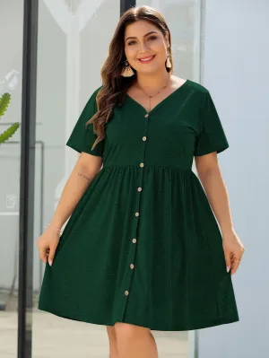 Casual Plain Button Front Short Sleeve V Neck Flared High Waist Knee Length Plus Size Dress