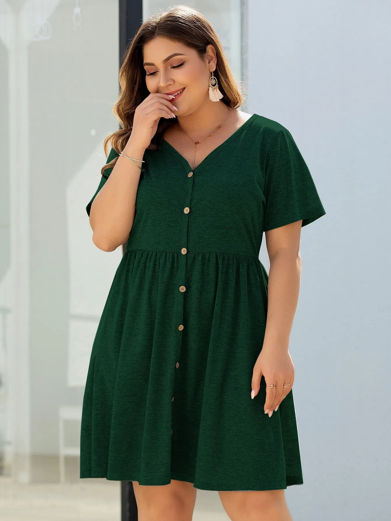 Casual Plain Button Front Short Sleeve V Neck Flared High Waist Knee Length Plus Size Dress