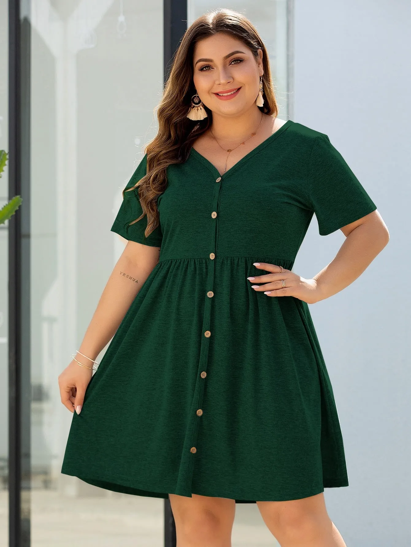 Casual Plain Button Front Short Sleeve V Neck Flared High Waist Knee Length Plus Size Dress