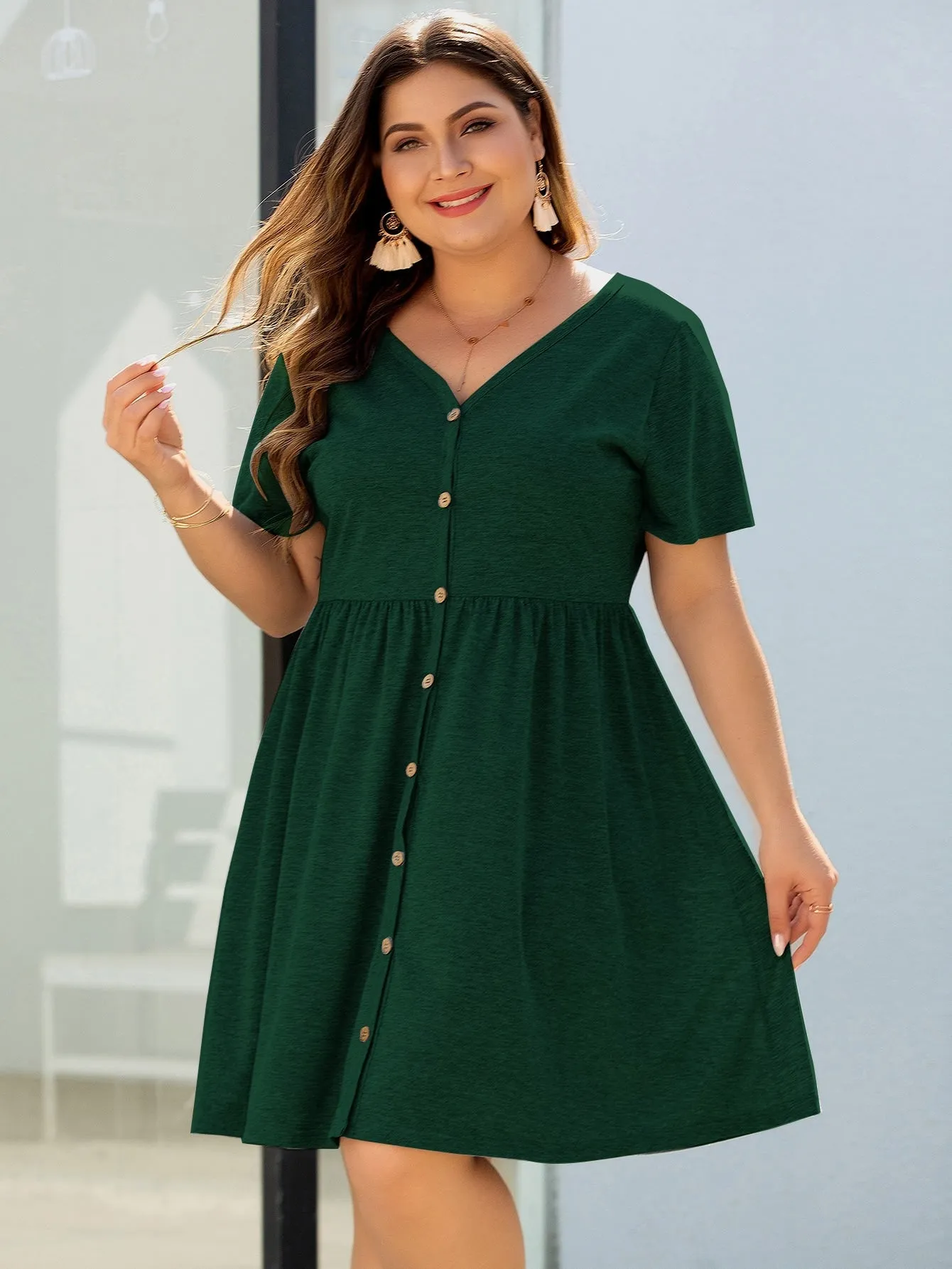 Casual Plain Button Front Short Sleeve V Neck Flared High Waist Knee Length Plus Size Dress