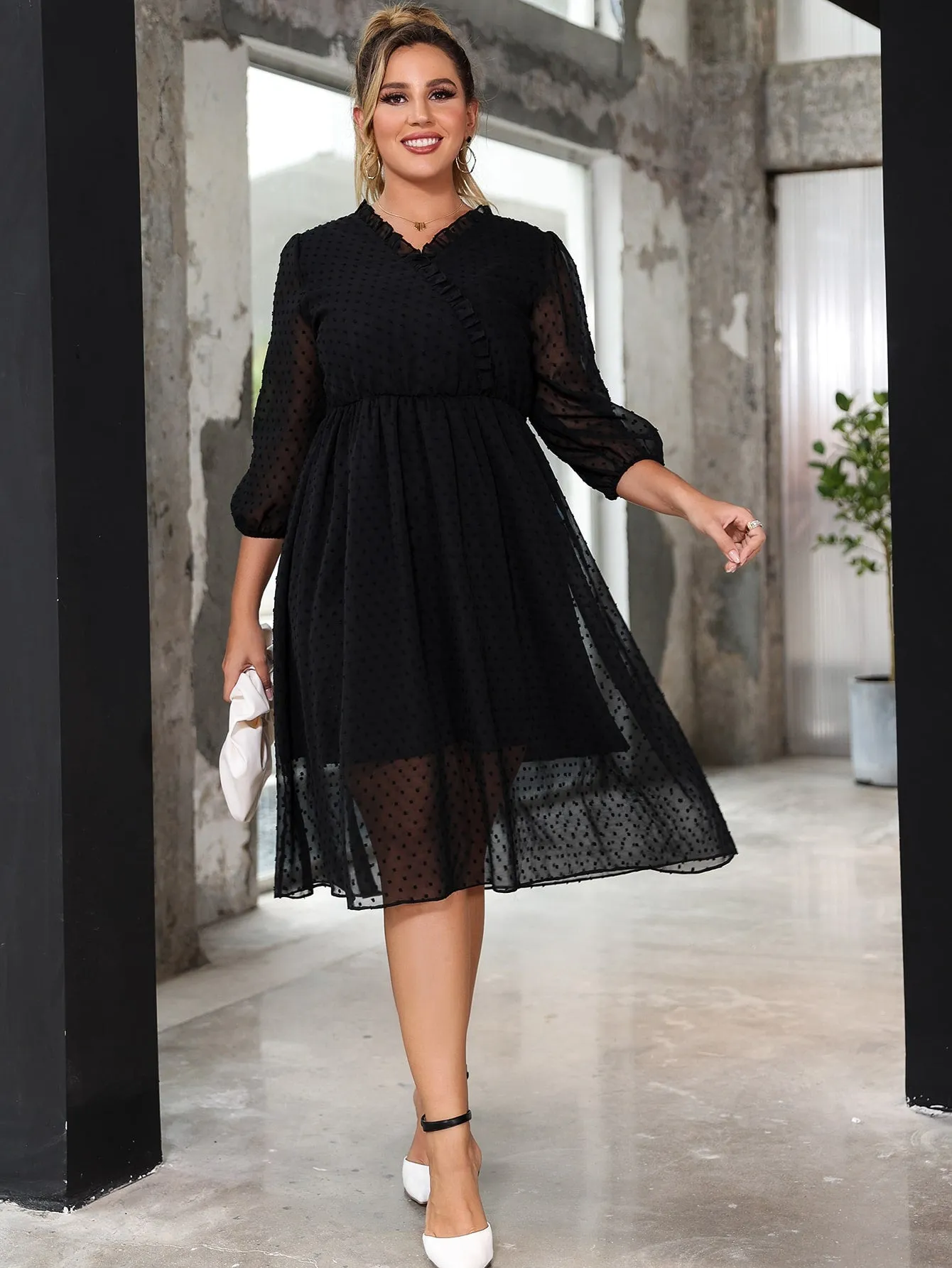 Casual Plain Frill Three Quarter Length Sleeve V Neck Flared High Waist Midi Plus Size Dress