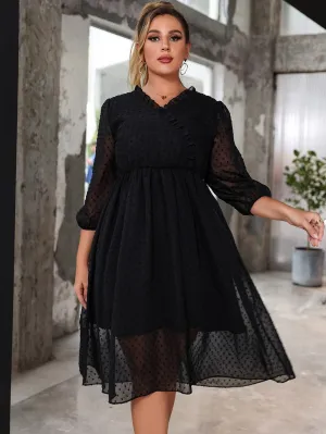 Casual Plain Frill Three Quarter Length Sleeve V Neck Flared High Waist Midi Plus Size Dress
