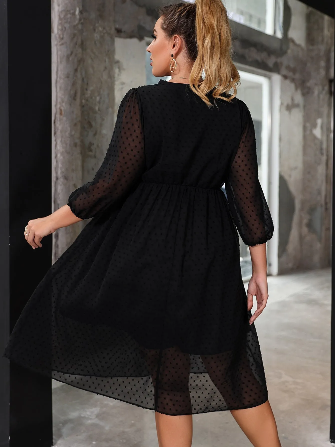 Casual Plain Frill Three Quarter Length Sleeve V Neck Flared High Waist Midi Plus Size Dress