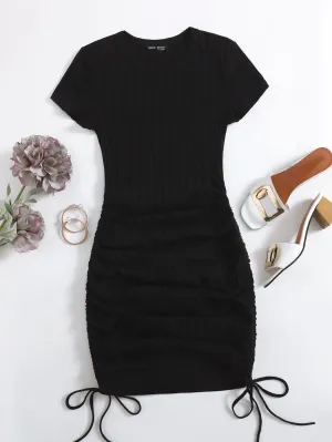 Casual Plain Rib-Knit Short Sleeve Round Neck Pencil Natural Short Plus Size Dress