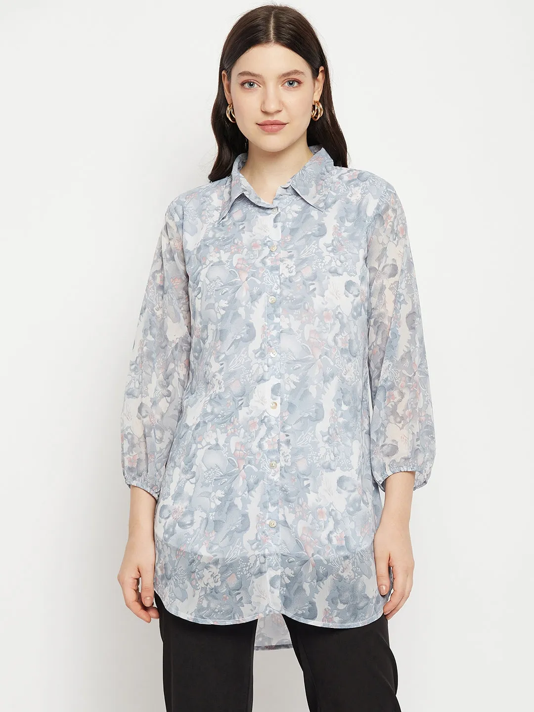 Casual Puff Sleeves Printed Women Blue, White Top