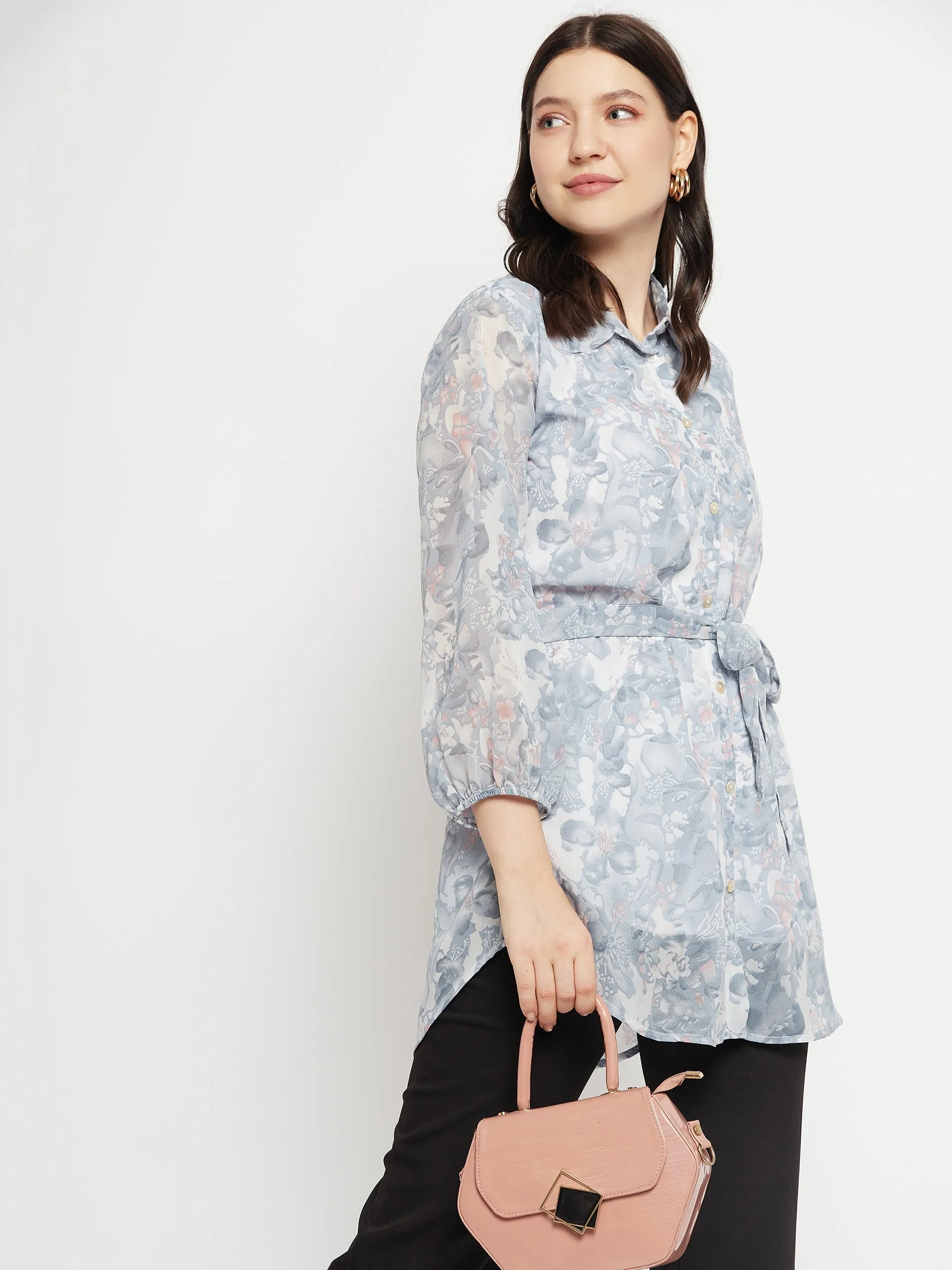 Casual Puff Sleeves Printed Women Blue, White Top