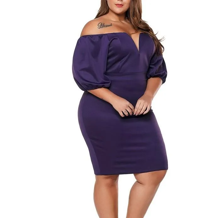 Casual Short sleeve Solid Color Off shoulder Plus size bodycon Dresses