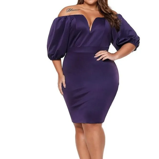 Casual Short sleeve Solid Color Off shoulder Plus size bodycon Dresses