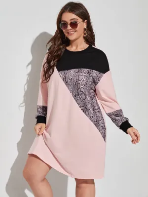 Casual Snakeskin Print Long Sleeve Round Neck Straight Short Plus Size Dress
