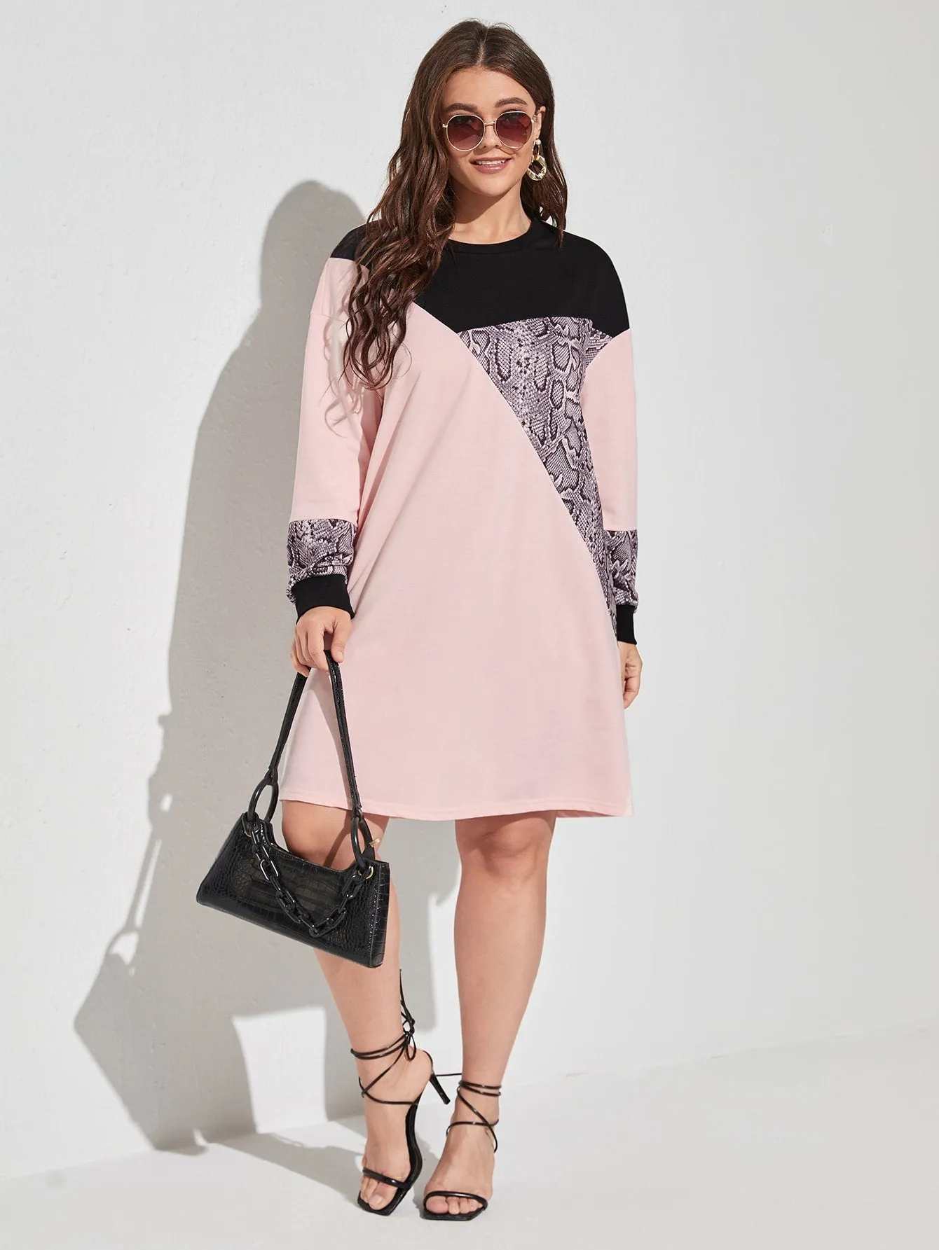 Casual Snakeskin Print Long Sleeve Round Neck Straight Short Plus Size Dress