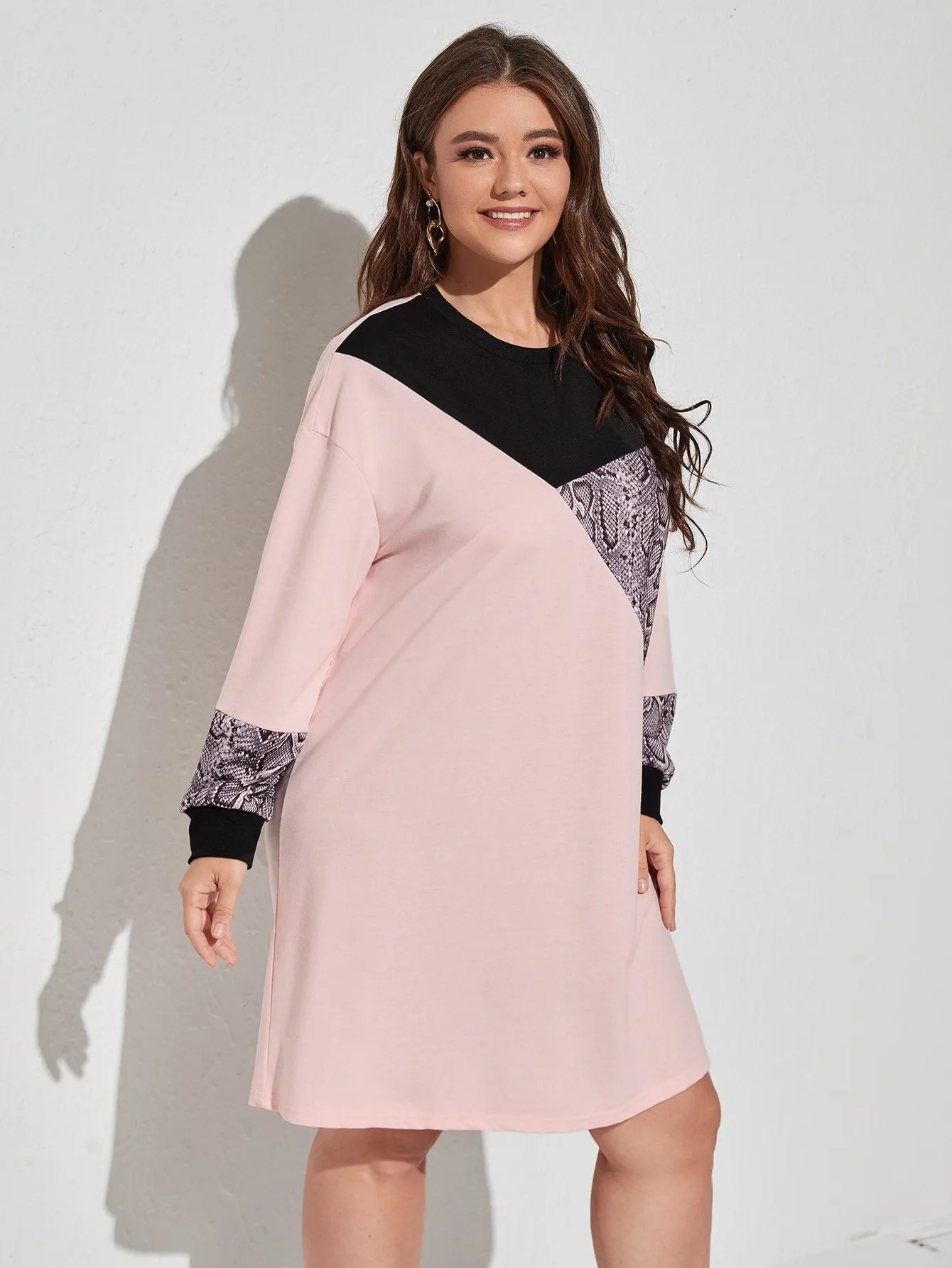 Casual Snakeskin Print Long Sleeve Round Neck Straight Short Plus Size Dress