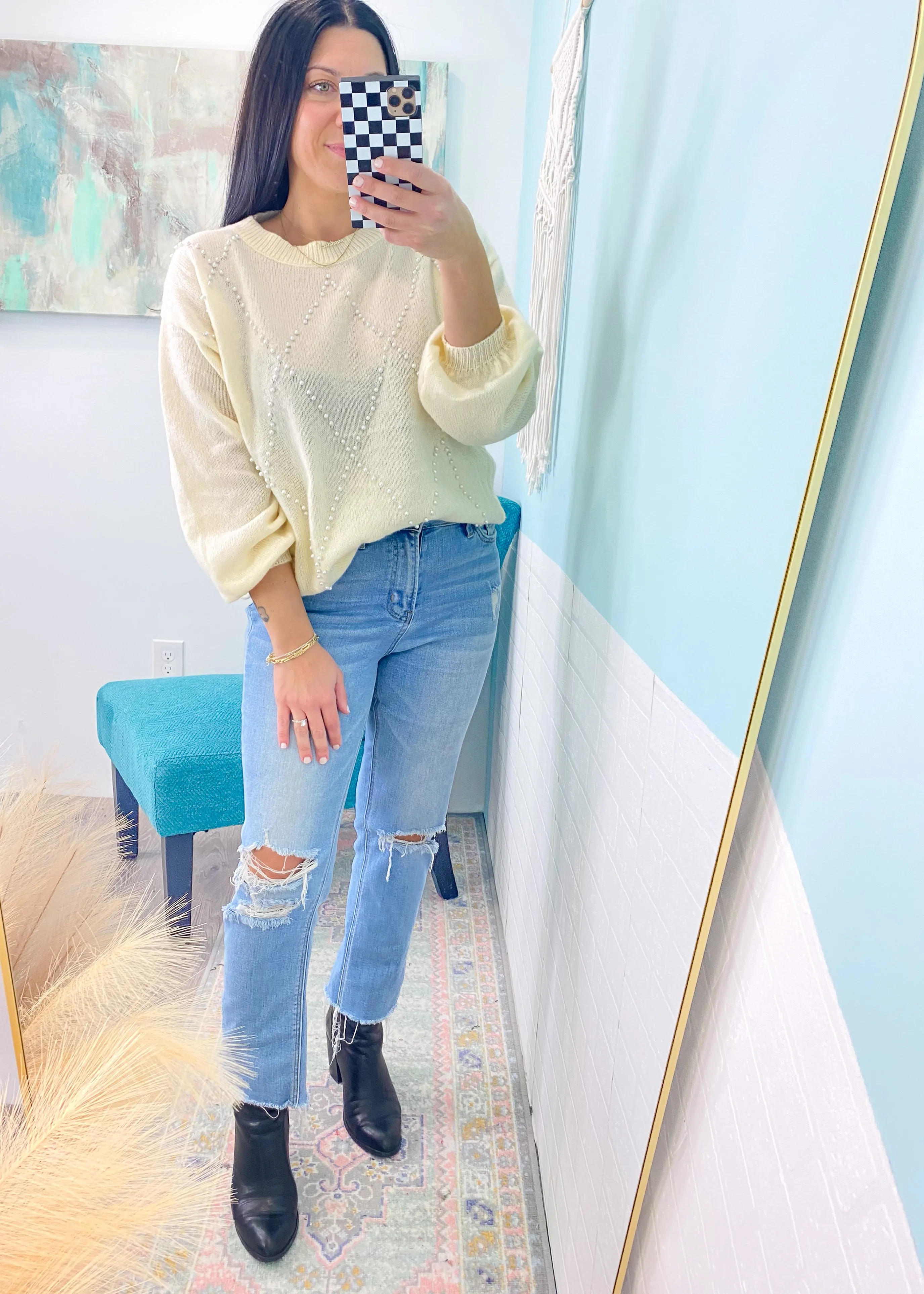 'Center of Attention' Cream Lightweight Sweater with Pearl Details