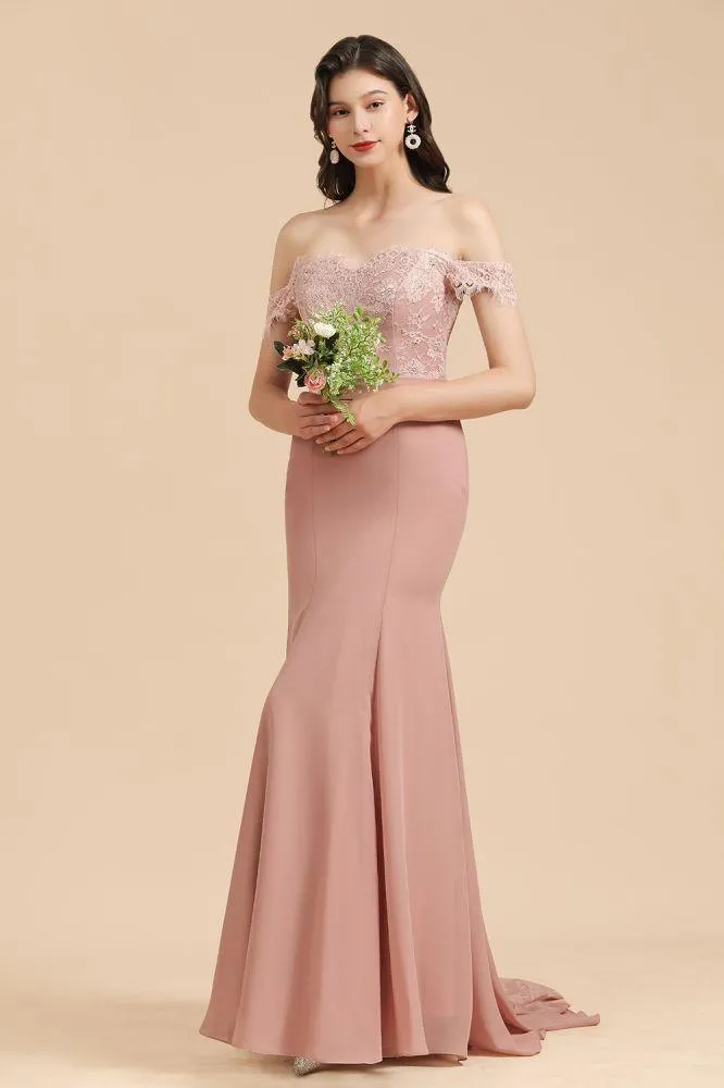 Charming Off the Shoulder Lace Mermaid Party Gown Slim Bridesmaid Dress