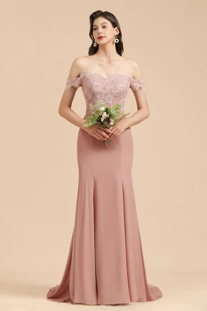 Charming Off the Shoulder Lace Mermaid Party Gown Slim Bridesmaid Dress
