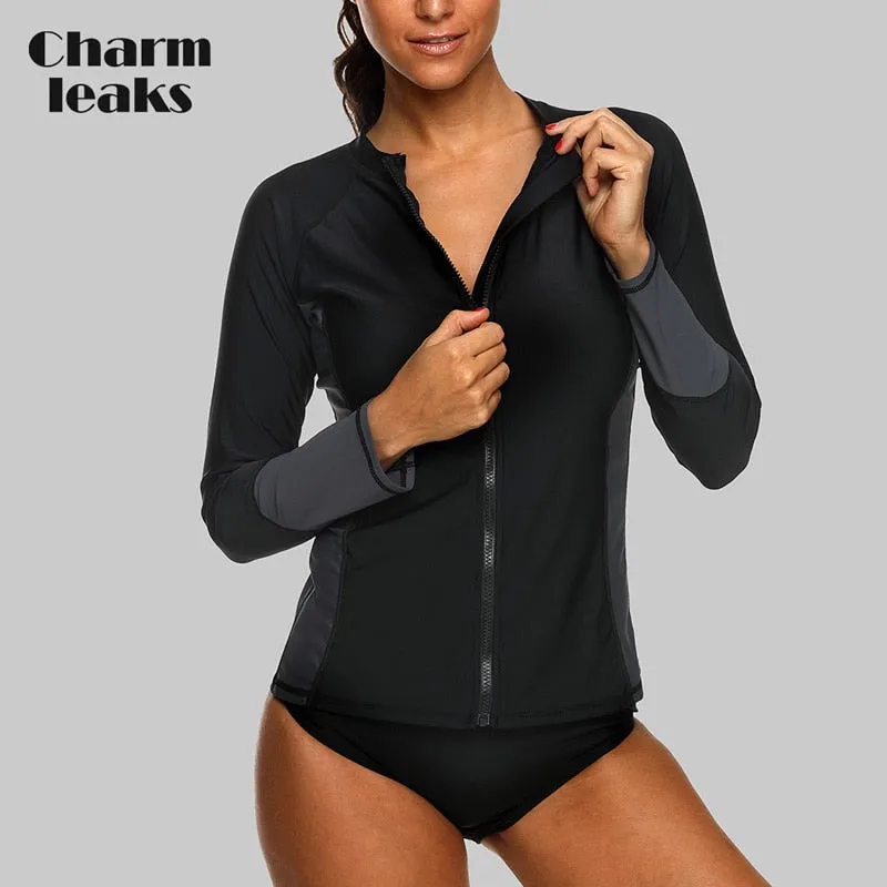 Charmleaks Women Long Sleeve Zipper Rashguard Shirt Swimsuit Swimwear Surfing Top Rash Guard UPF50  Running Shirt Biking Shirt