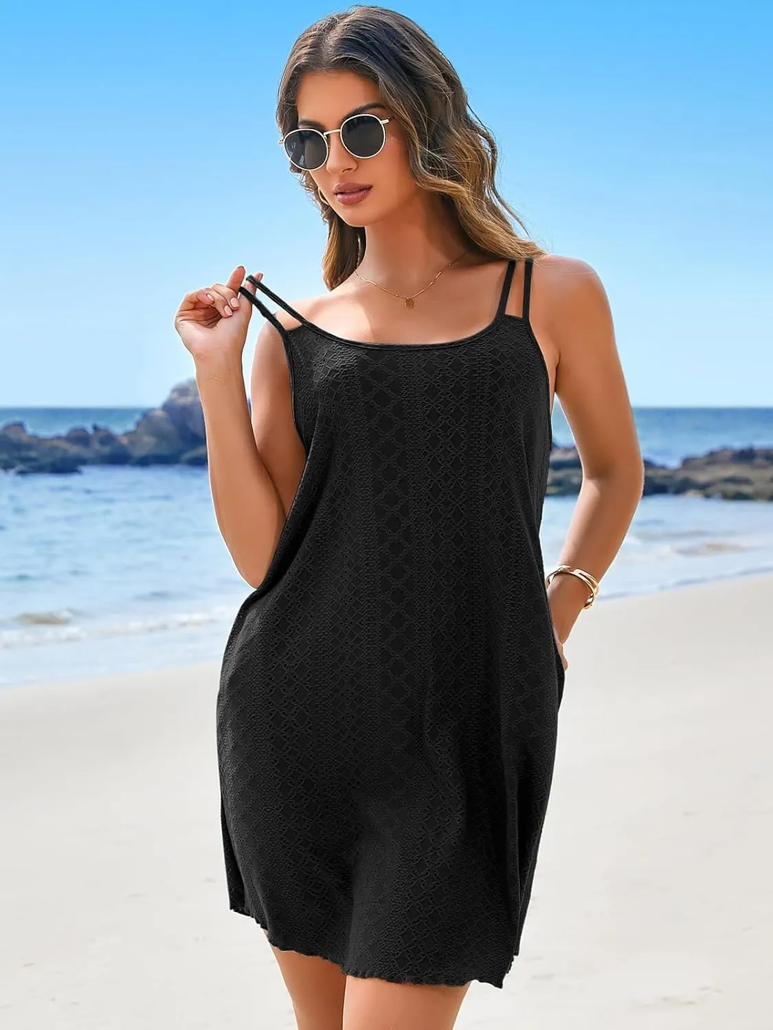 Charmo Hollow out Swimsuit Coverup for Women Spaghetti Strap Swim Cover Ups Swimwear Pockets Casual Summer Beach Dress 2025