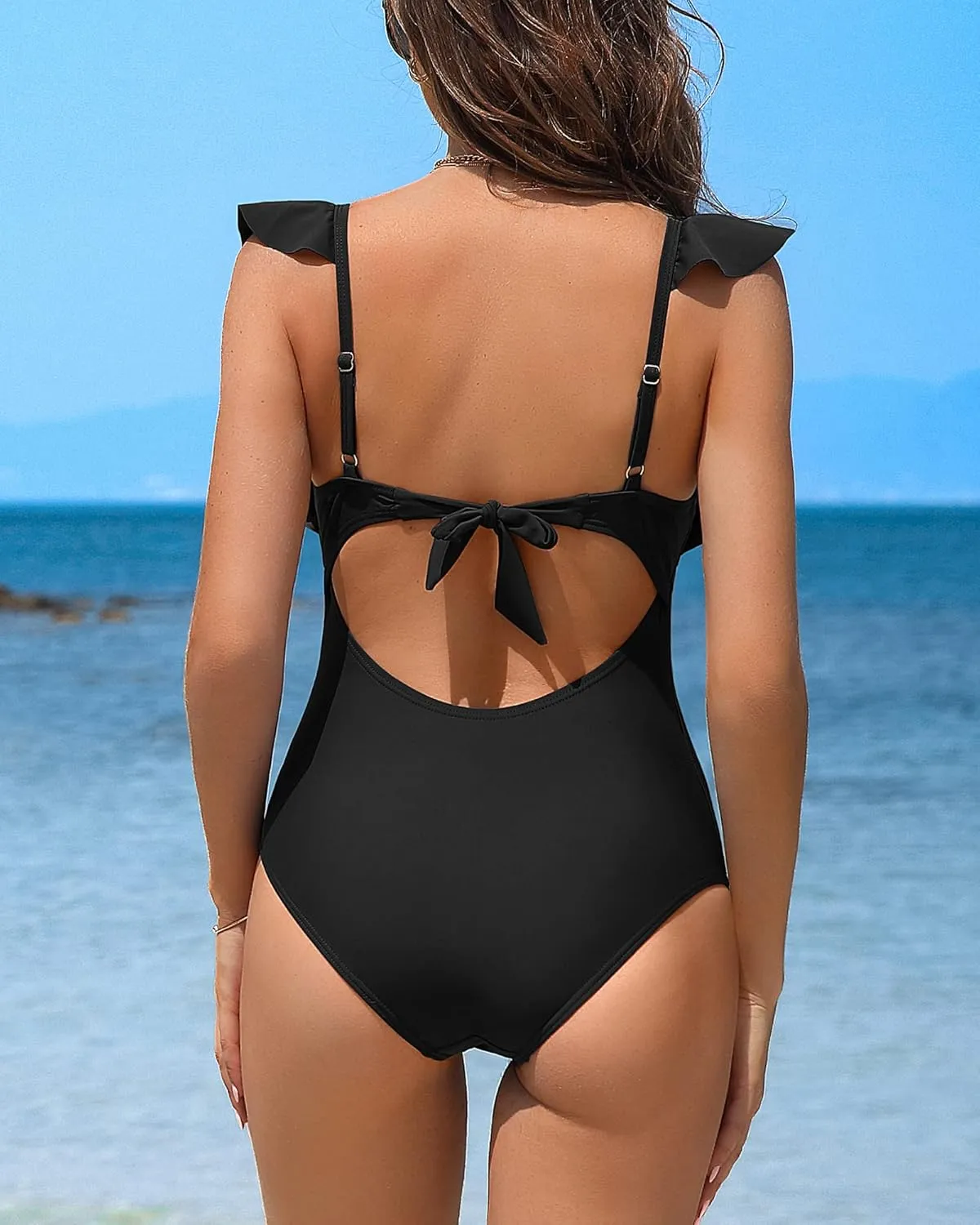 Charmo Womens Ruffle One Piece Bathing Suit Ruched Tummy Control Swimsuit Backless Monokini Swimwear