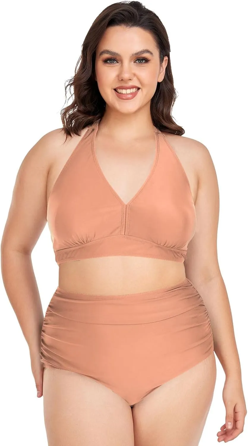 CHIFIGNO Plus Size Women's Bikini Swimsuit Two Piece High Waisted Swimsuits Ruched Swimwear