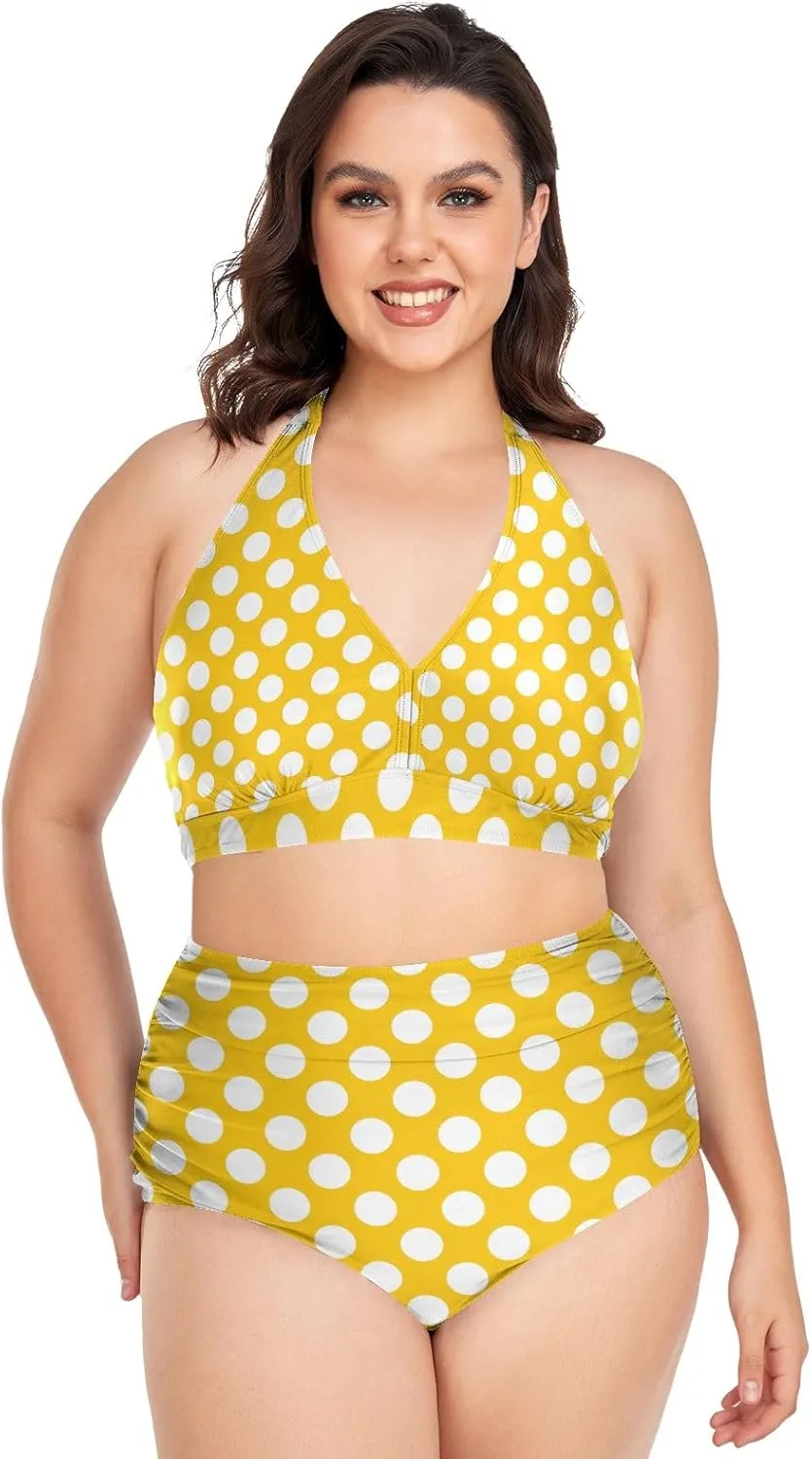 CHIFIGNO Plus Size Women's Bikini Swimsuit Two Piece High Waisted Swimsuits Ruched Swimwear