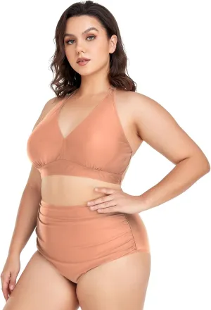 CHIFIGNO Plus Size Women's Bikini Swimsuit Two Piece High Waisted Swimsuits Ruched Swimwear