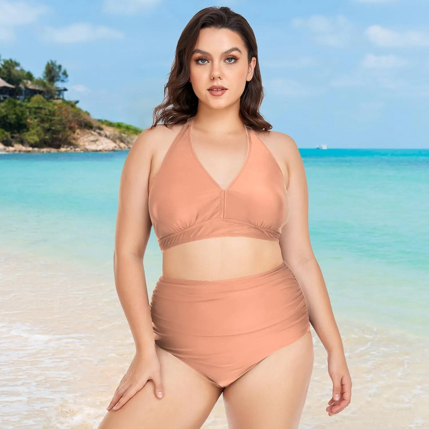 CHIFIGNO Plus Size Women's Bikini Swimsuit Two Piece High Waisted Swimsuits Ruched Swimwear
