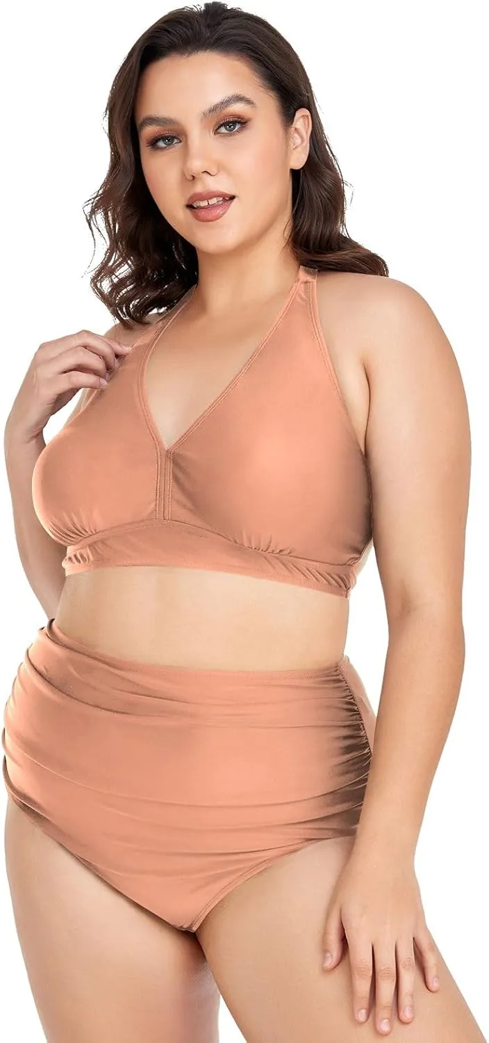 CHIFIGNO Plus Size Women's Bikini Swimsuit Two Piece High Waisted Swimsuits Ruched Swimwear