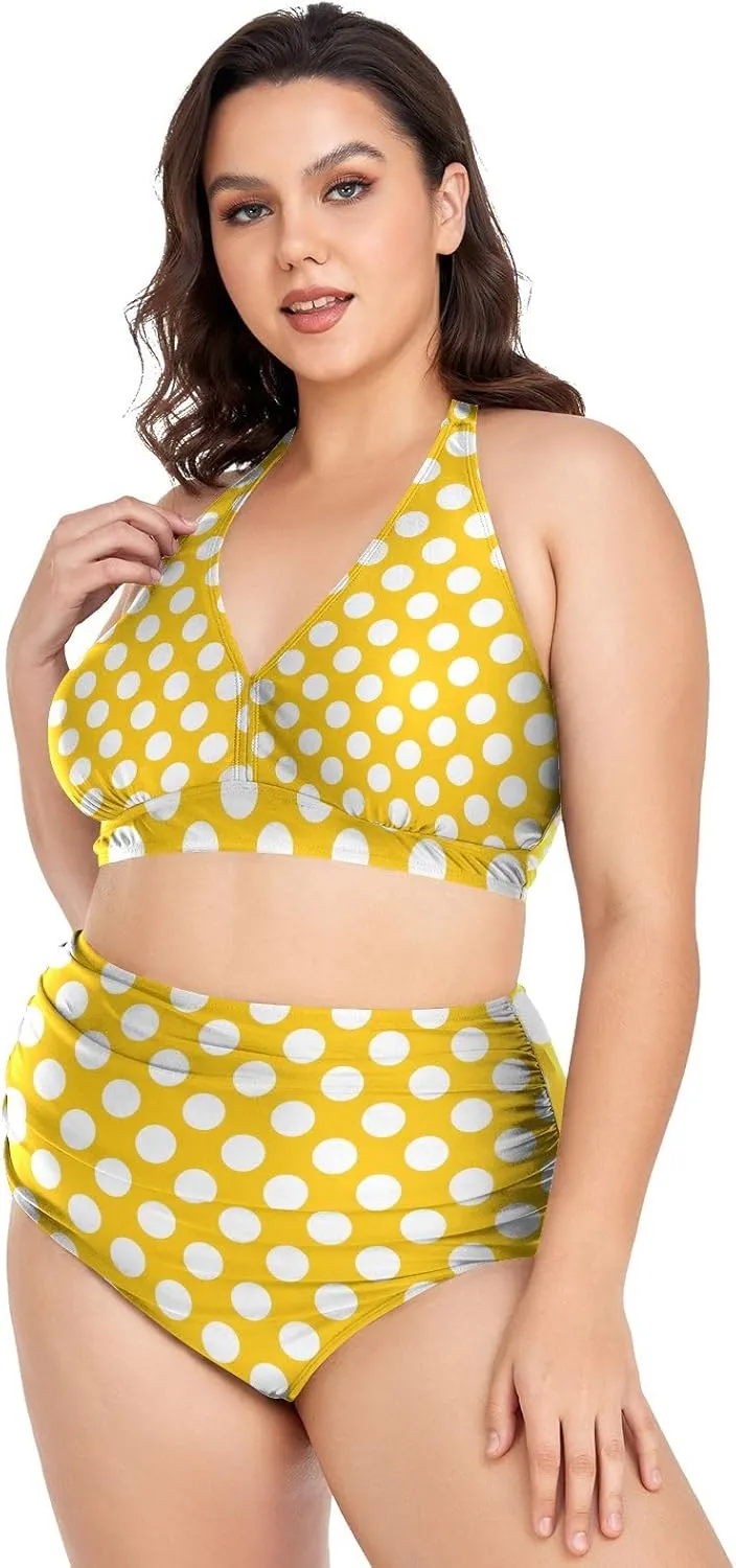 CHIFIGNO Plus Size Women's Bikini Swimsuit Two Piece High Waisted Swimsuits Ruched Swimwear